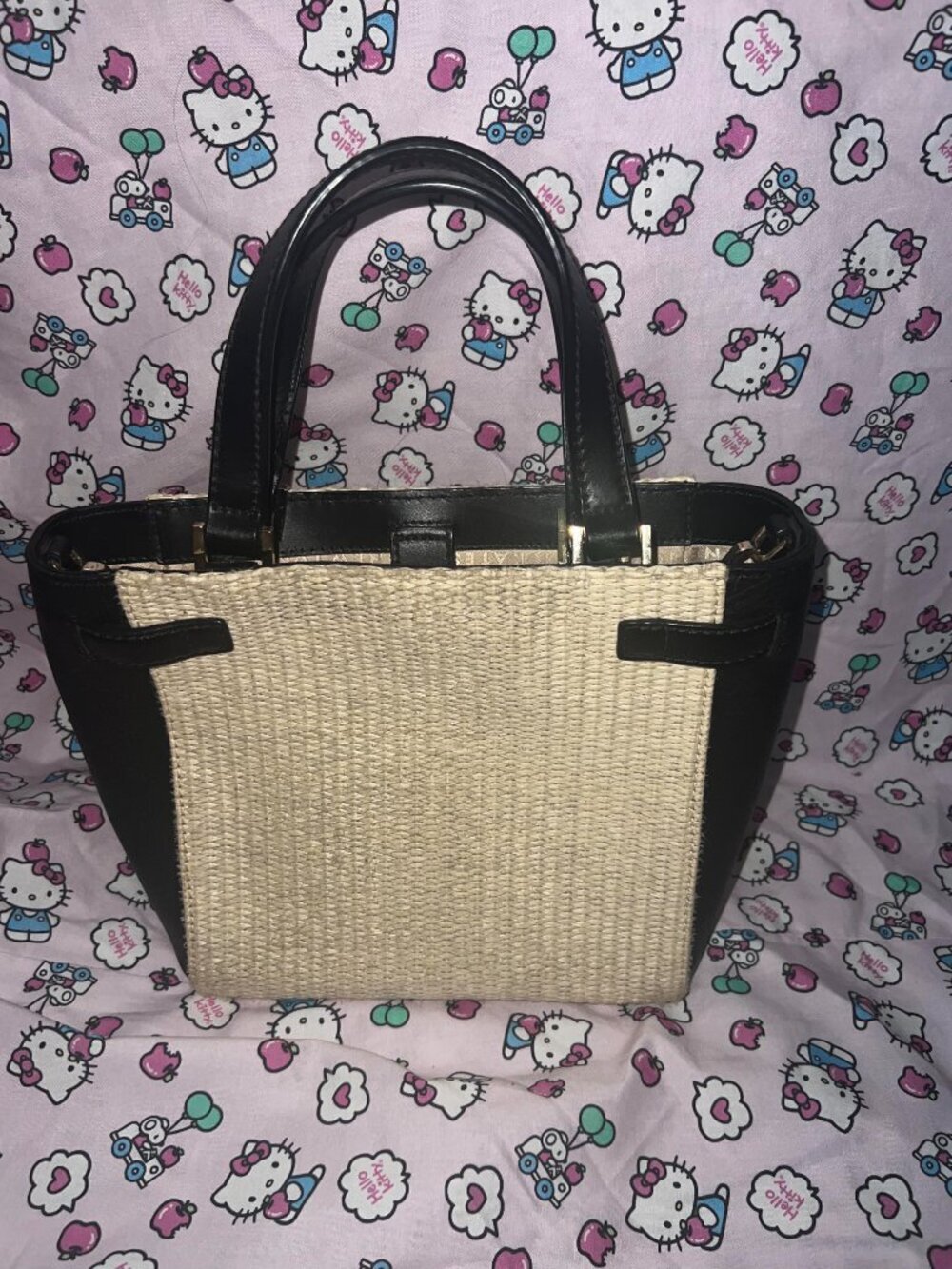 Kate Spade Woven Straw & Black Leather Satchel Crossbody Bag - Picture 2 of 3